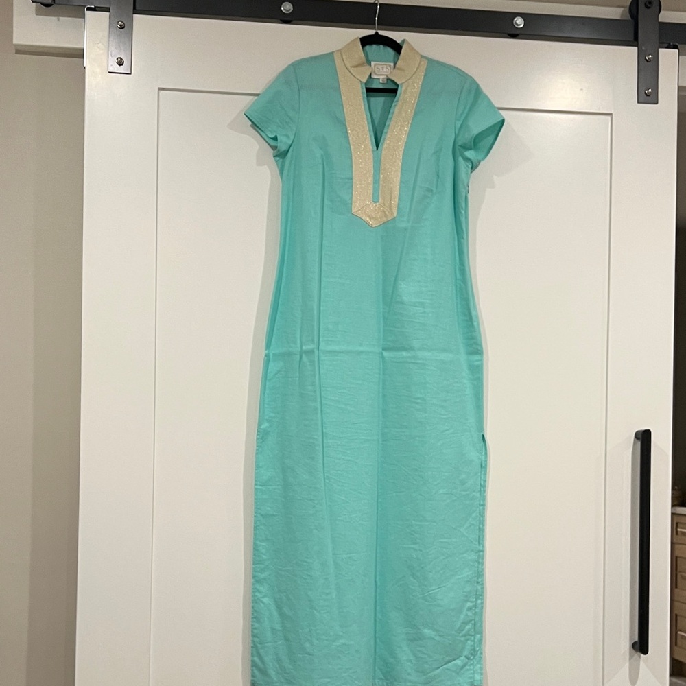 Elegant Aqua Dress with Gold Accents